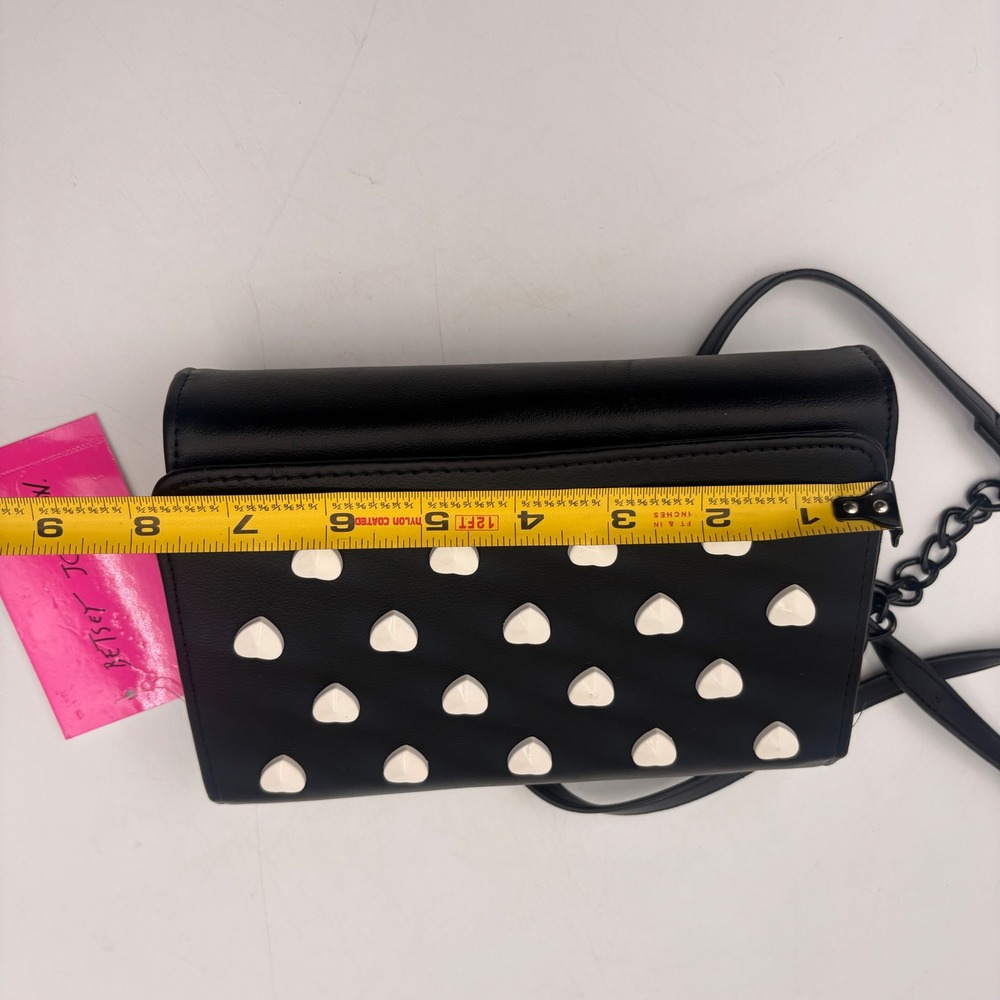 Betsey Johnson XOSYBIL Black Faux Leather Crossbody Bag White Heart Studs - Picture 7 of 11